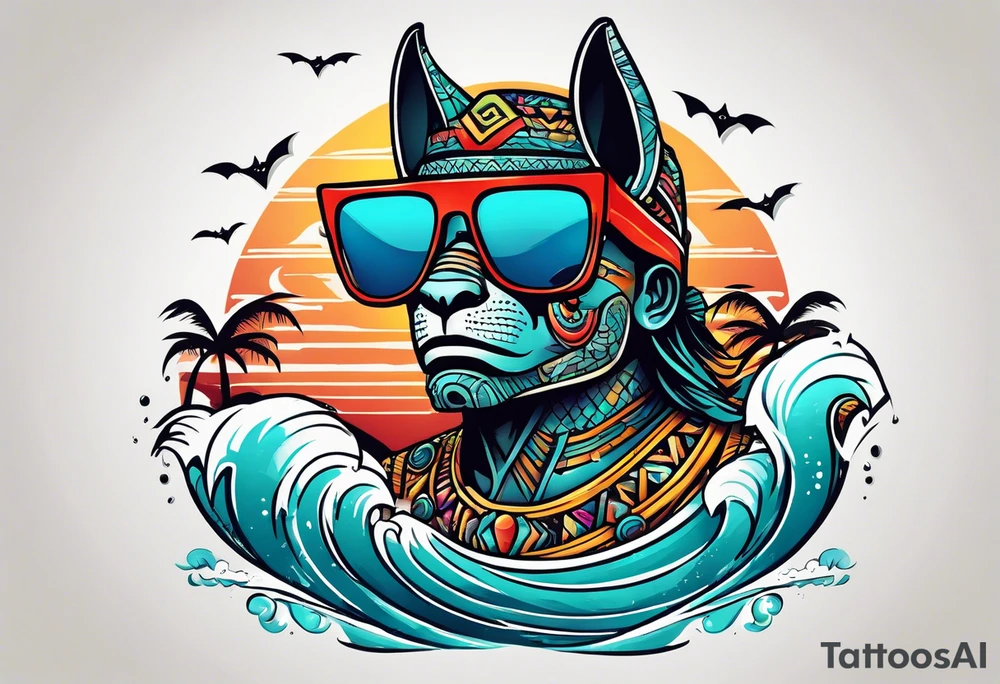 Colorful Mayan hieroglyph wearing sunglasses with ocean waves and bats tattoo idea