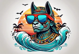 Colorful Mayan hieroglyph wearing sunglasses with ocean waves and bats tattoo idea