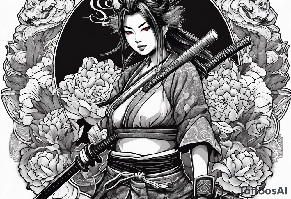 samurai girl in an oni mask with a snake tongue, covering her bare torso with a katana tattoo idea