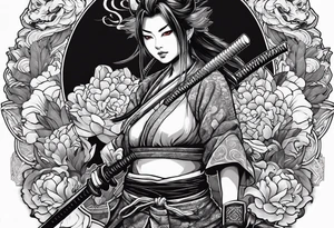 samurai girl in an oni mask with a snake tongue, covering her bare torso with a katana tattoo idea