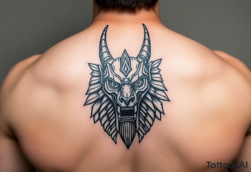 Angry muscle Egyptian Anubis god face in Egypt style tattoo idea