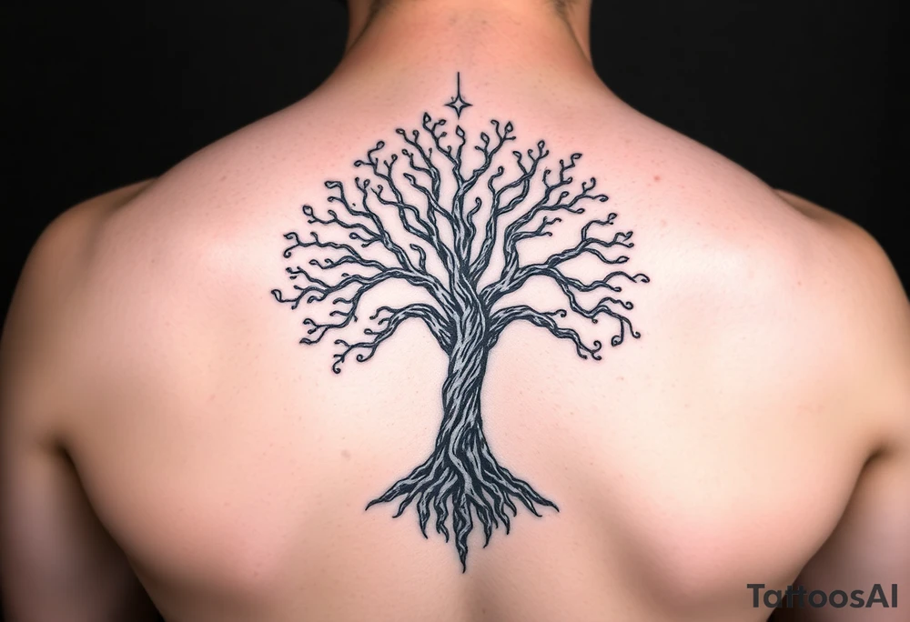 mystical tree of life with cosmic roots and celestial branches tattoo idea