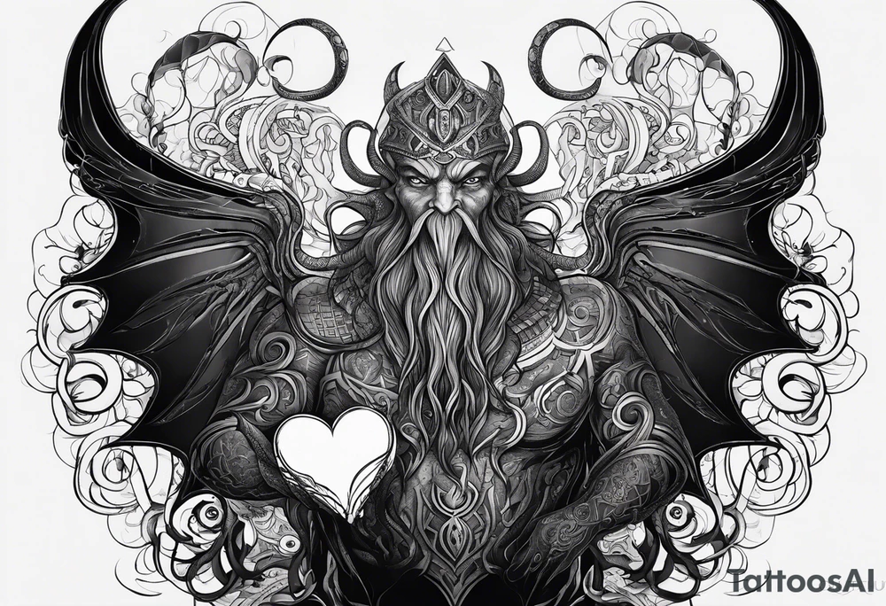 Long tattoo for arm. Lovecraftian creature, protecting a heart. Ctulhu. tattoo idea