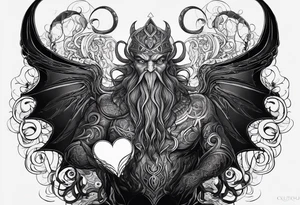 Long tattoo for arm. Lovecraftian creature, protecting a heart. Ctulhu. tattoo idea