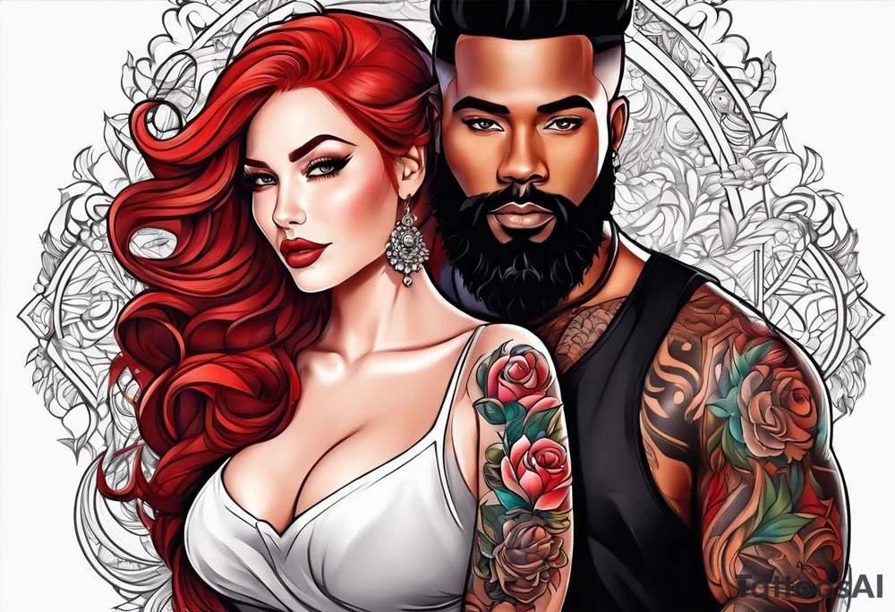 Busty red hair woman with bearded black hair man tattoo idea