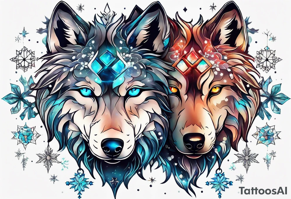 Constellation, two animal alien wolf, snowflake tattoo idea