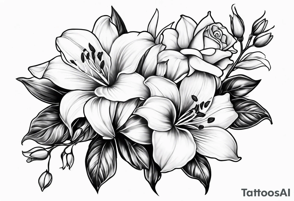 Rose, lily, gladioli, cherry blossom, forget me nots tattoo idea