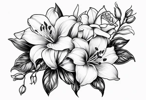 Rose, lily, gladioli, cherry blossom, forget me nots tattoo idea
