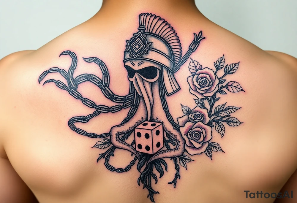 Squid and spartan and sailor hat combined with chains, tree roots, cherry blossoms and roses rolling dice tattoo idea