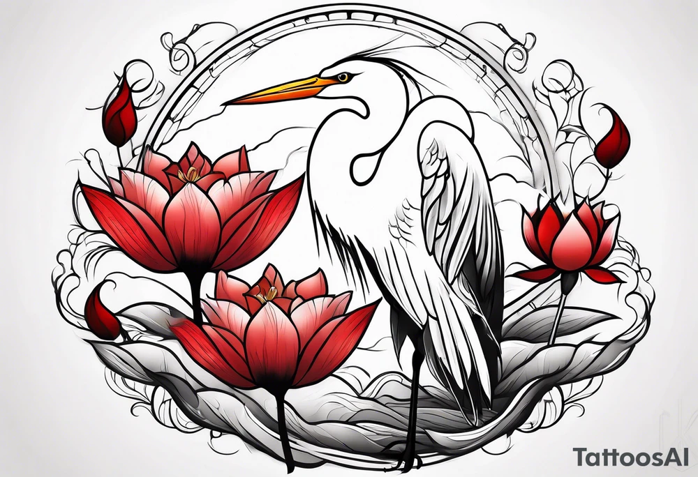 Egret and red lotuses tattoo idea