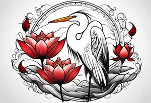 Egret and red lotuses tattoo idea
