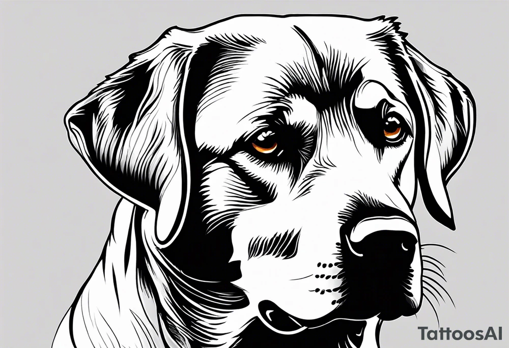 Generate a simple tattoo of a sitting Labrador Retriever, focusing on its friendly face and expressive eyes in a minimalist style tattoo idea
