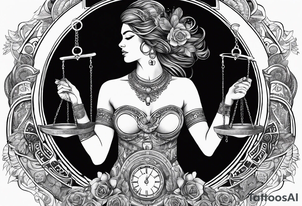 Libra woman holding scales with a night zodiac background including a half moon that encircles half of the woman with vibrant colors tattoo idea