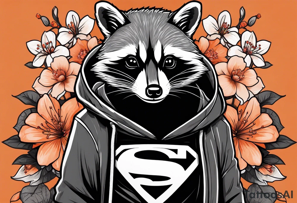Raccoon wearing a white Superman logo on a black hoodie and orange Japanese cherry blossoms beside tattoo idea