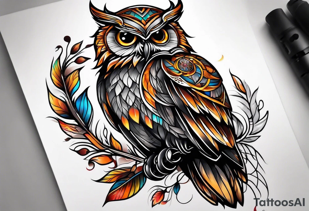 Owl and dreamcatcher back of calf sleeve tattoo idea
