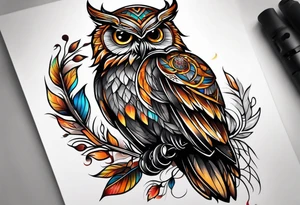 Owl and dreamcatcher back of calf sleeve tattoo idea