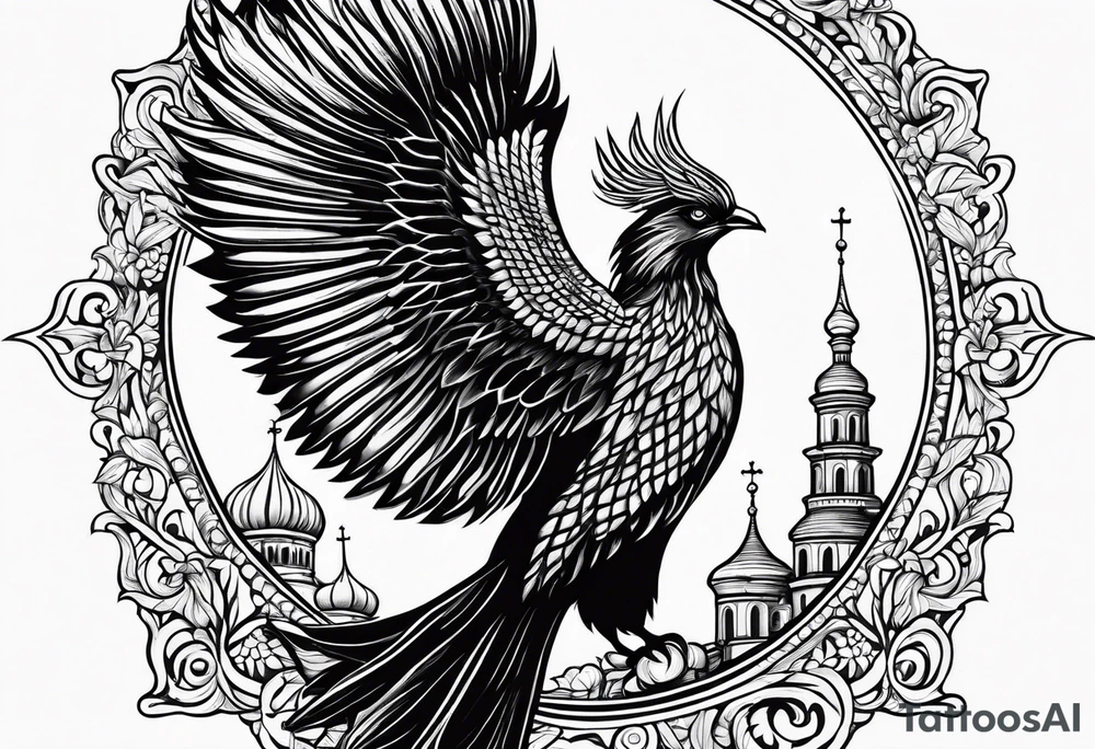 russian firebird in-flight with long fancy tail and 3 small onion cap monastery towers in background, with "Isaiah 43: 18-19" tattoo idea