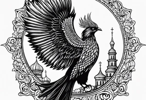 russian firebird in-flight with long fancy tail and 3 small onion cap monastery towers in background, with "Isaiah 43: 18-19" tattoo idea