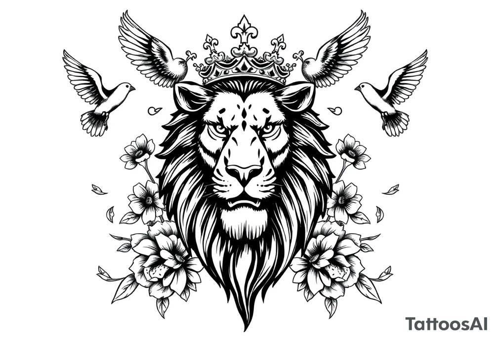 powerful majestic lion with a crown, surrounded by floral ornaments and birds tattoo idea