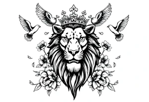 powerful majestic lion with a crown, surrounded by floral ornaments and birds tattoo idea