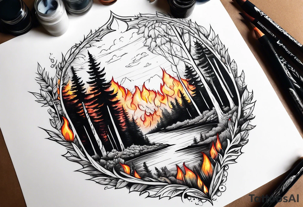 Forest with fire tattoo idea