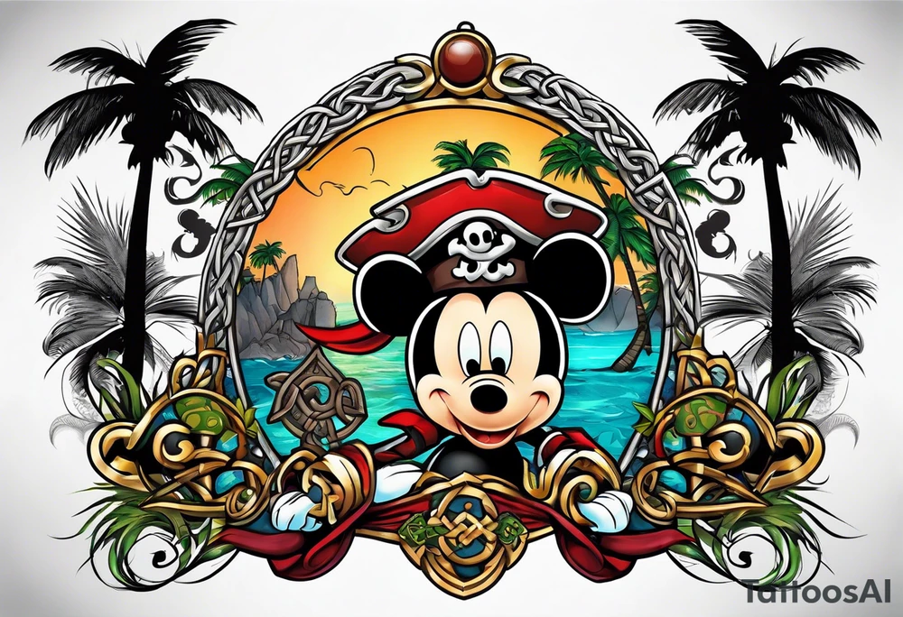 mickey mouse pirate with palm trees and celtic symbol for family tattoo idea
