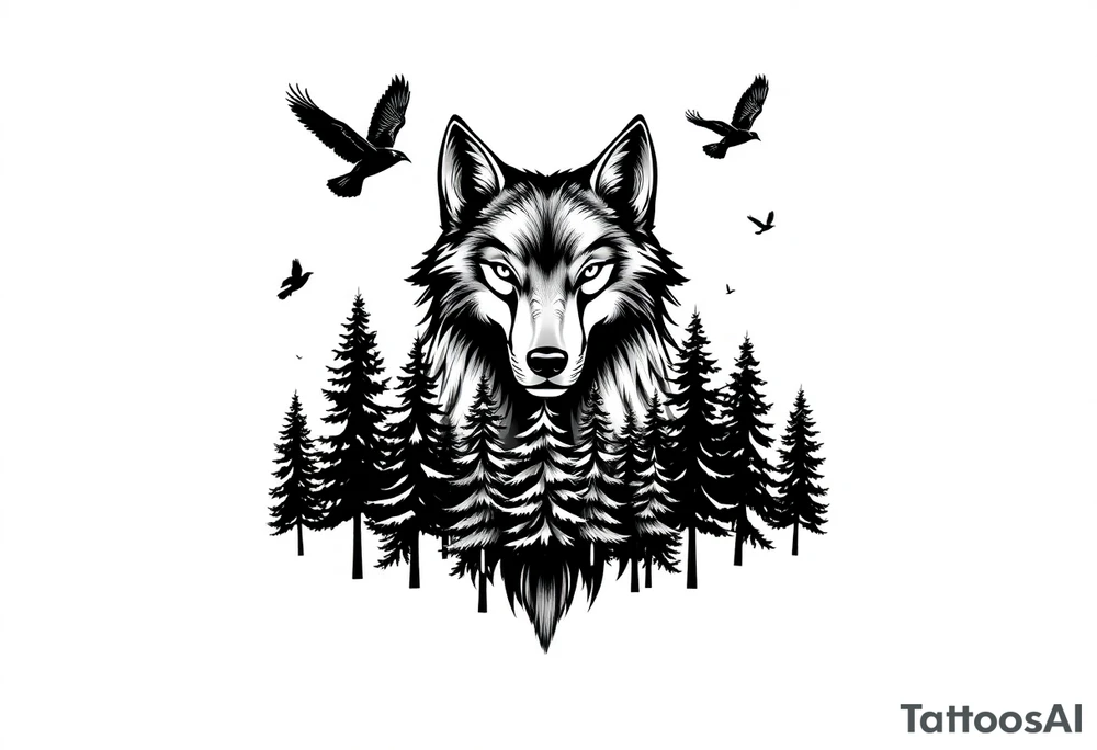Wolf head surrounded by large pine trees growing from black ground and small ravens flying overhead tattoo idea