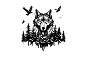 Wolf head surrounded by large pine trees growing from black ground and small ravens flying overhead tattoo idea