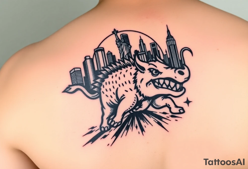 Arkansas razorback running through the streets of New York City with the Statue of Liberty in the background tattoo idea