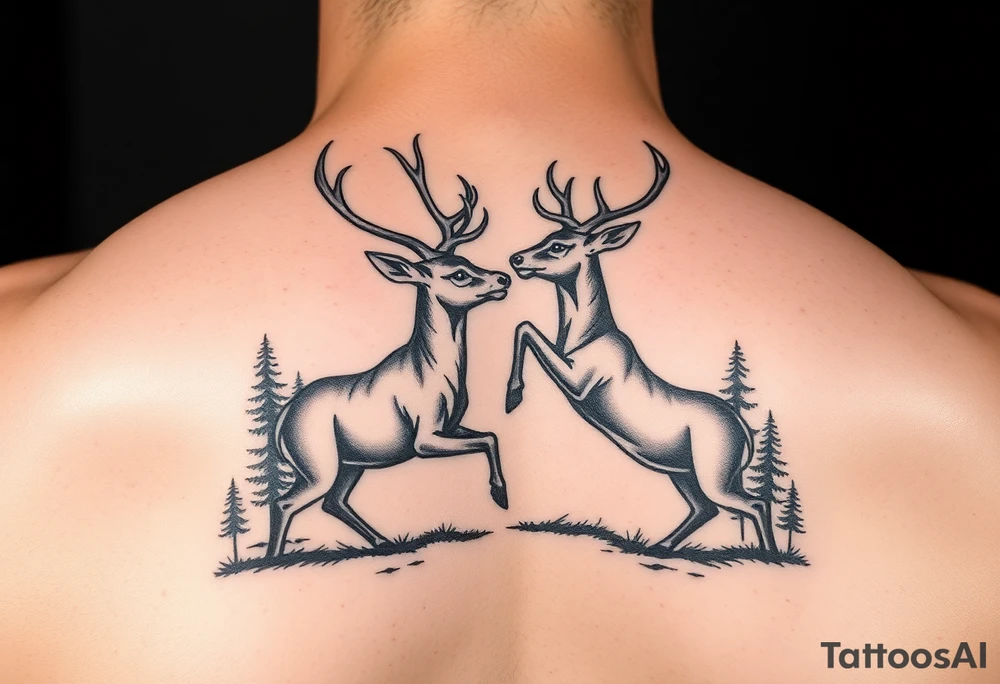 Photo realistic Vertical aligned nature scene with two deer fighting. 

This ai sucks tattoo idea