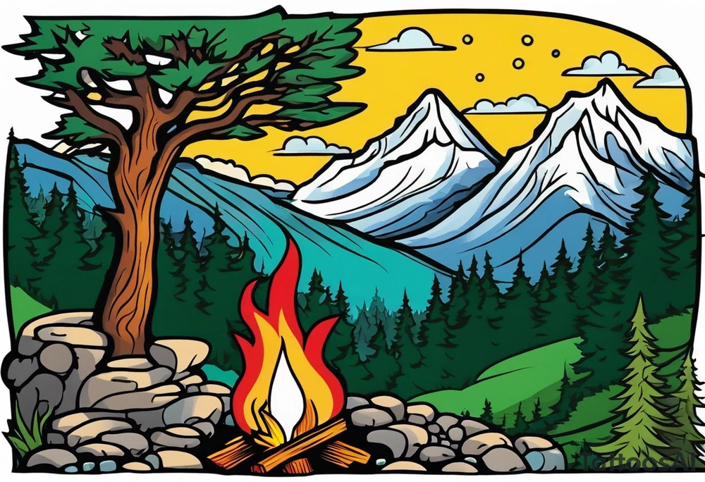 Small campfire in the center, right side: an evergreen tall tree, left side: mountain stream tattoo idea