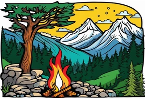 Small campfire in the center, right side: an evergreen tall tree, left side: mountain stream tattoo idea