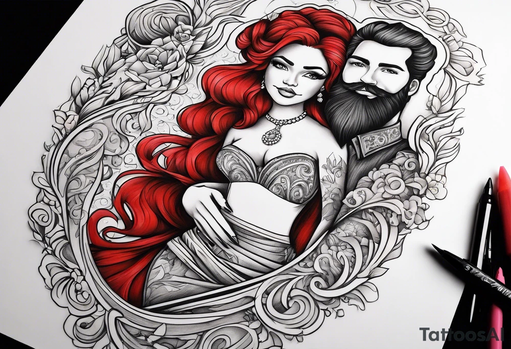 Busty red haired woman with a bearded man who has black hair getting married tattoo idea