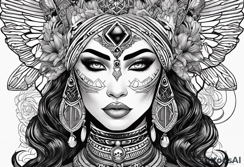 kali, alien goddess, valkrye, pirate, zenza, lotus, wing, pachamama, skull, black panther tattoo idea