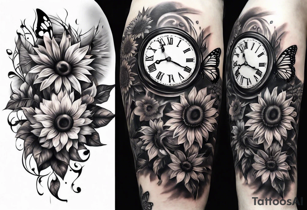 Sleeve with clock, sunflower and butterflies tattoo idea