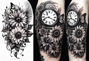 Sleeve with clock, sunflower and butterflies tattoo idea