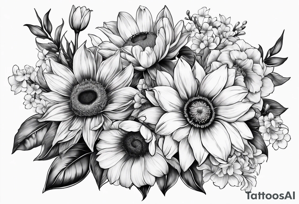 Bouquet with sunflower, lily, peony, cherry blossom and tulip tattoo idea