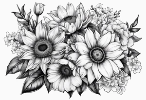 Bouquet with sunflower, lily, peony, cherry blossom and tulip tattoo idea