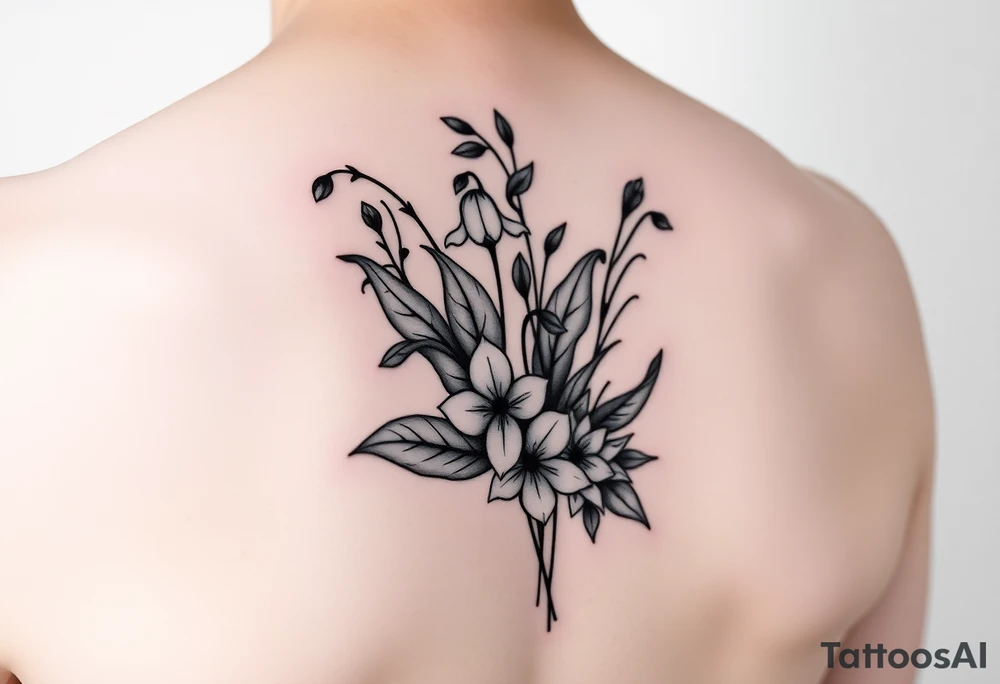 Minimalist design in black bunch of flowers 1 lily of the valley 1 daffodil 1 holly 1 larkspur tattoo idea