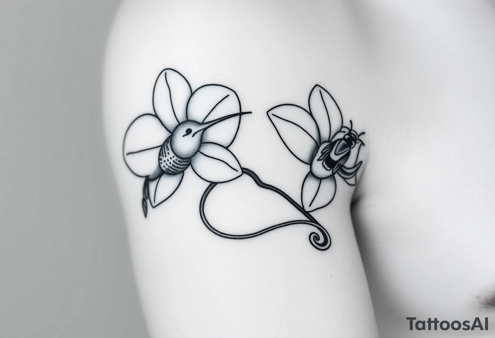 A delicate, black and white fine-line tattoo for male, featuring gracefully detailed 2 orchids in full bloom including their stems, with soft, intricate petals and elegant curves. Beside it, a hummingbird hovers mid-flight, its wings drawn with subtle motion lines, its slender beak reaching toward the orchid’s center to drink its nectar. on the other flower there is a bee that is resting tattoo idea