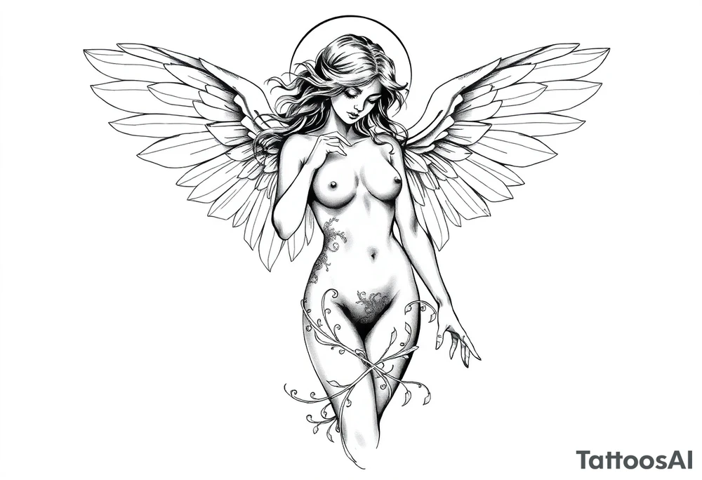 generate a stencil for a tatto of a naked female angel full body tattoo idea