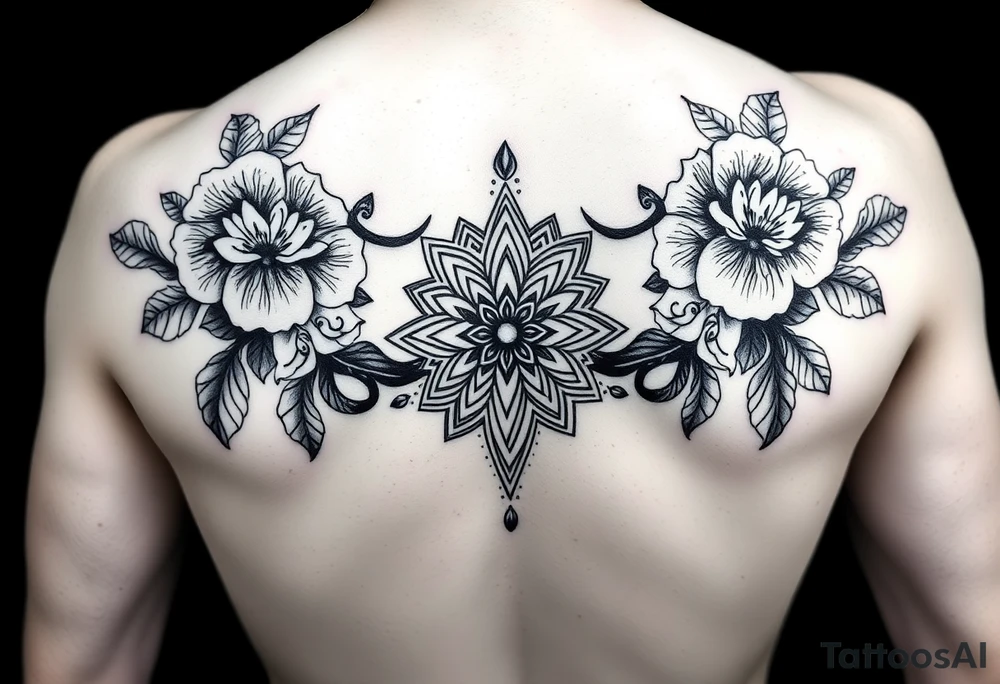 Feminine, full back tattoo, with matching florals on the shoulders, with an hourglass in the middle and Mendala lines curving up the back tattoo idea