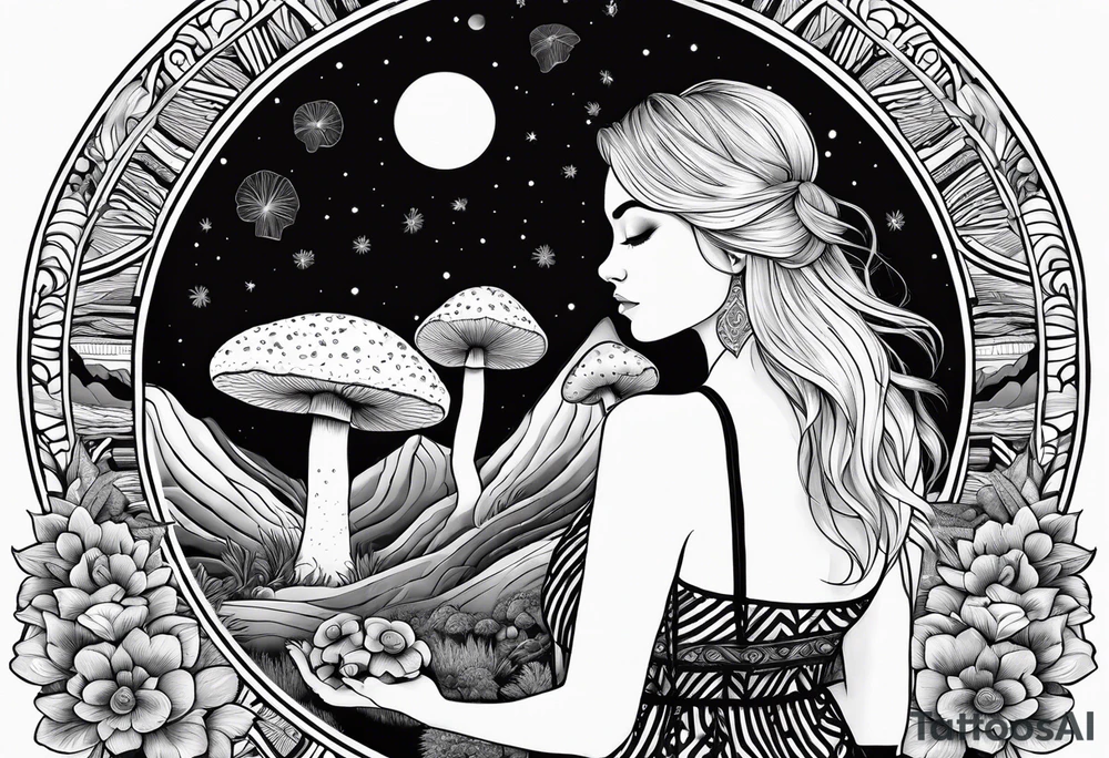 Straight blonde hair girl holding mushrooms in hand meditating facing away toward mountains surrounded by mushrooms crescent moon mandala circular design black and white striped dress tattoo idea