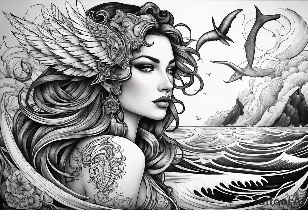 tattoo with a sexy, beautiful, and warrior Goddess Nyx, the goddess of night, who Zeus fears.  She has one white wing and one black wing, like an angel, representing both love and death, and is surrounded by the ocean with sharks, orcas, whale sharks, and octopus. tattoo idea