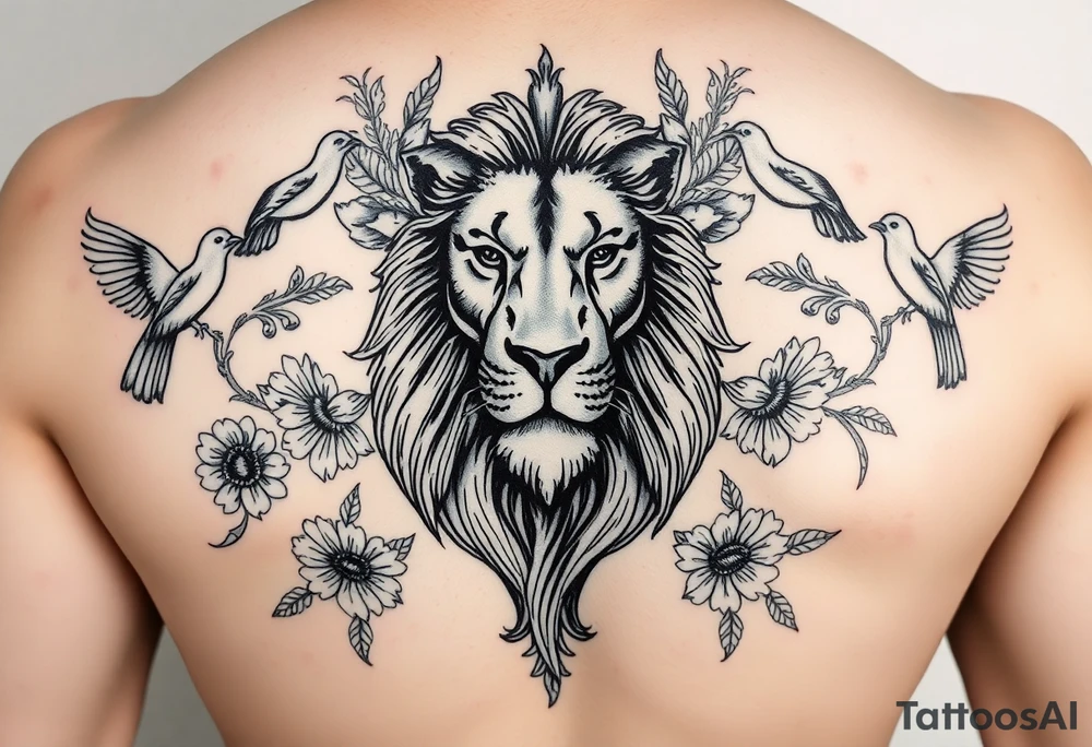 powerful majestic lion with a crown, surrounded by floral ornaments and birds b tattoo idea