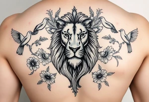 powerful majestic lion with a crown, surrounded by floral ornaments and birds b tattoo idea