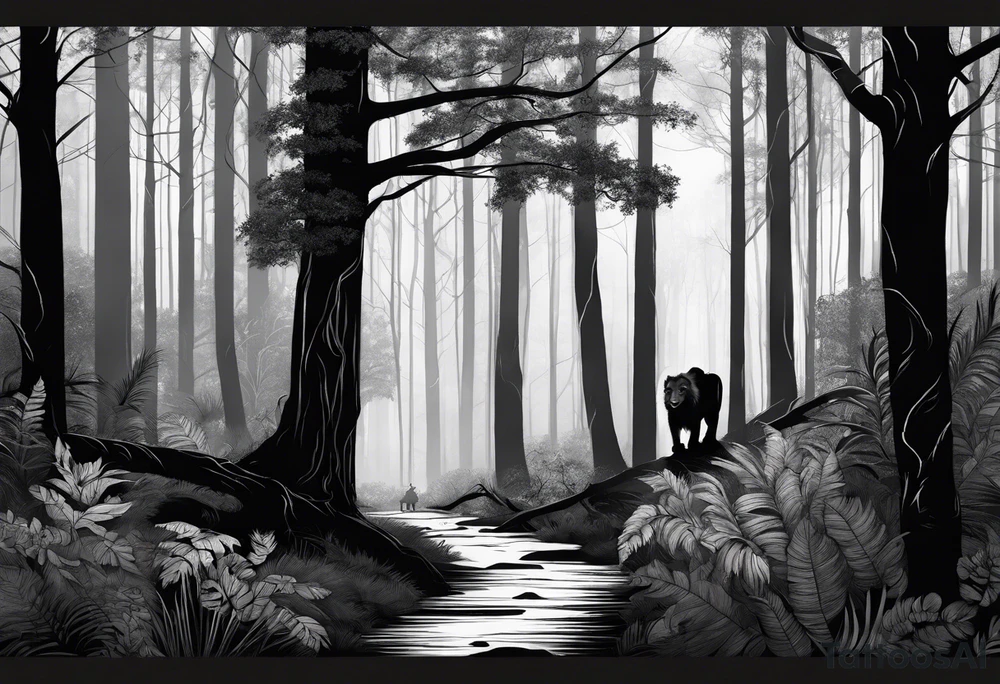 realistic black and gray  dark 
forest with a small lion walking into the forest looking backwards 
with a spiritual component tattoo idea