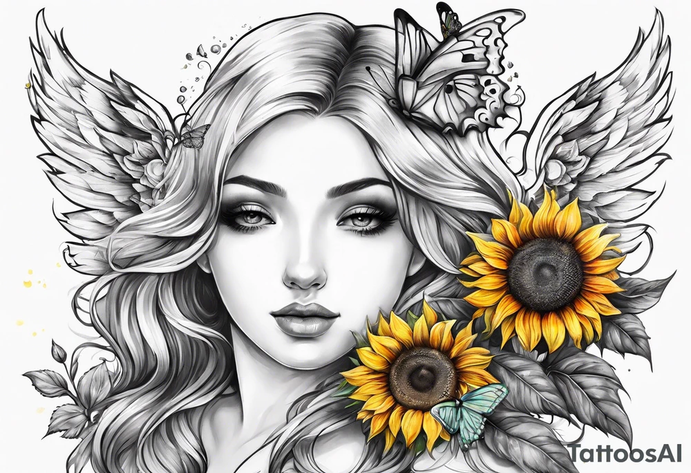 Sleeve with angel wings, sunflower and butterfly tattoo idea