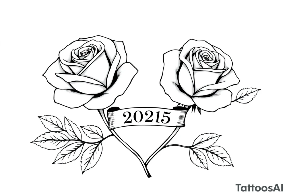 two beautiful large rose buds, one larger than the other, with many leaves next to the rose buds, with one sitting higher than the other. Include a banner connecting the two roses with the year "2025" on it.   Use dark outlines with little shading. The two stems should be short, not long, and connect and join into one stem, whimsically curved or twisted - not straight down. tattoo idea