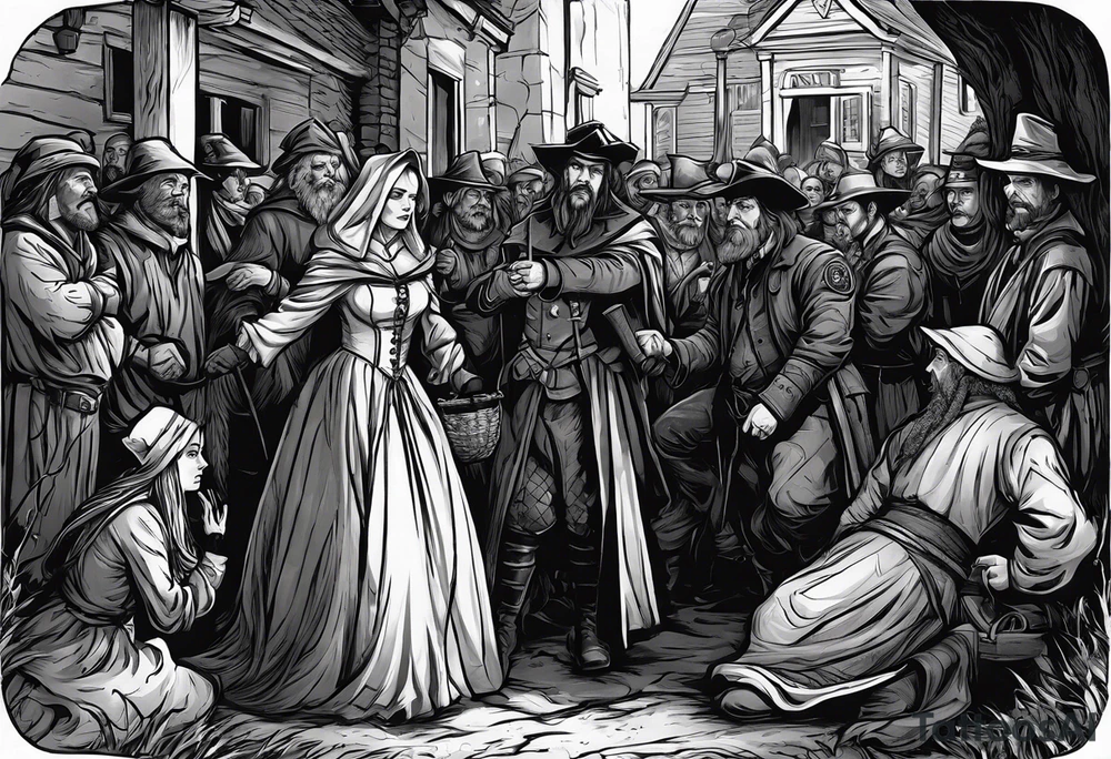 The accusation of a witch in the Salem trials. An otherwise quiet member of the community is accosted by a crowd, perhaps with a member of the clergy and a soldier of some kind present to take them into custody. tattoo idea